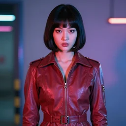 youthful asian demure, exquisite features, feminine cut, 1 9 7 0's frontiers in flight leather suit, blade runner neon