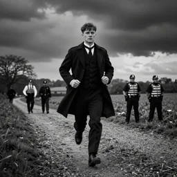 peaky blinders black running from the police, black and white photo