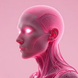 silhouette, inhuman, pink, portrait close up, angled, plastic, glowing eyes, flat background, masterpiece, glowing, wires everywhere, by edgar maxence and ross tran, zdzisław beksinski, and michael whelan, distant, gustav dore, h. r. giger, 8 k, octane render