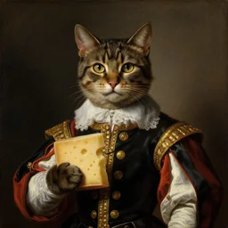 portrait of a medieval cat holding a piece of cheese and wearing napoleon cloths  by George Stubbs, renaissance painting, oil painting, old master