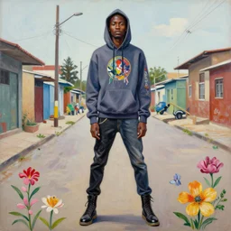 painting by david choe of yolandi visser wearing a hoodie standing in a township street in the style of jeremy mann, street clothing, haute couture fashion, full figure painting by ashley wood, roger ballen, decorative flowers, 2 4 mm, die antwoord