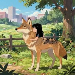 a single coyote warns a single innocent black haired girl of quantum apocalyse | intricate | 8 k detail | animation cinematic | anime | matte sharp painting | pastoral backyard setting | city view in the distance | ultrafine hyperdetailed illustration | pop art