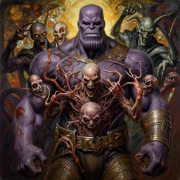 the platonic ideal portrait painting of cletus kasady ultimate carnage thanos dementor doctor manhattan chtulu nazgul, detailed, intricate, hyperrealism, intense, scary, decay, dmt, art by brock hofer and artgerm and greg rutkowski and alphonse mucha