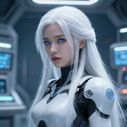 perfect android girl, warframe armor, beautiful face, scifi, futuristic, space station, laboratory, bae suzy, dreamy, long white hair, blue cyborg eyes, cinematic lighting, highly detailed, very cute, focused, artstation, divine, by gauthier leblanc, kazuya takahashi, huifeng huang, jama jurabaev