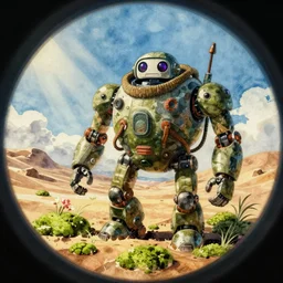 wholesome animation key shot, fish eye lens, intricate, parka explore robot schwerer gustav!!!!, desert, green moss, ambient occlusion, studio ghibli, pixar, disney concept art watercolor illustration by alena aenami, bloom!!! dramatic lighting, blue sky, dean cornwell