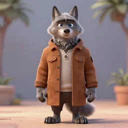 portrait, 3d render , anthropomorphic wolf male , wearing a knee length brown jacket , in the style of Zootopia