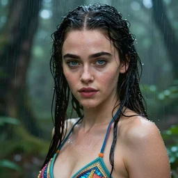 beautiful emilia clarke as a wearing a magical bikini in a magical raining forest, highly detailed and realistic face, rain drops on face, beautiful detailed eyes with a piercing gaze, fantasy art, in the style of artgerm, illustration, epic, fantasy, intricate, hyper detailed, artstation, concept art, smooth, sharp focus, ray tracing, vibrant, photorealistic