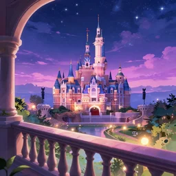anime digital art view from castle balcony vibrant night sky overlooking kingdom