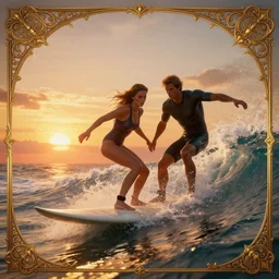 surfing at sunset by sandra chevrier and greg rutkowski, wlop, artgerm, cinematic dramatic lighting, ornate, epic composition, 4 k 8 k, cryengine octane blender, sharp focus, concept art, masterpiece, unreal engine, trending on artstation, photorealistic, octane, hyper detailed, trending on deviantart,