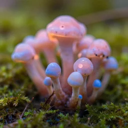 a beautiful macro photography of moss with alien fungus, hyperdetailed, warm volumetric lights, pinks, blues, made by gerald brom and mike winkelmann