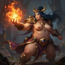The sorceress casting a fire ball, league of legends, strong fat bacchanalian body, highly detailed, digital painting, artstation, concept art, smooth, sharp focus, illustration, ArtStation, art by Hearthstone Hearthstone