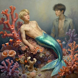 harmony, colorful coral, merman yoongi, muted colors, wlop, james jean, victo ngai, highly detailed, fantasy art by craig mullins, thomas kinkade