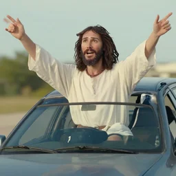 jesus riding a car