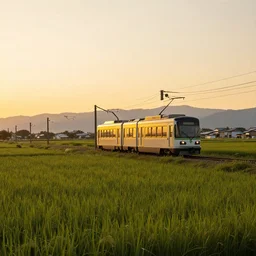 japanese countryside landscape with a light rail tram running on a field under the golden sunset