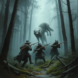 a painting of a group of medieval villagers with rifles being attacked by 3 big wolves in a foggy dense forest by greg rutkowski, dark fantasy art, high detail, trending on artstation