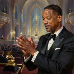 a perfect, realistic professional oil painting in classicism style, of Will Smith slapping Chris Rock in a dystopian Grammy cathedral, close-up, by a really great American senior artist on ArtStation, a high-quality Hollywood-style concept