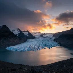 ' landscape photography by marc adamus, glacial lake, sunset, dramatic lighting, mountains, clouds, beautiful