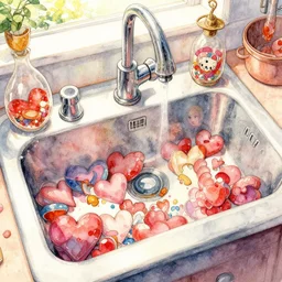 a beautiful insanely intricate watercolor illustration of a kitchen sink filled with hearts, reflections, colorful, by william turner art, by greg rutkowski, by james jean, by rossdraws, by frank franzzeta, by sakimichan, by edmund dulac, trending on artstation, insane - detailed, masterpiece,