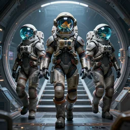 symmetric digital portrait biopunk marines space pirate, fish tank head astronauts walk on the stairs of the circular space, e highly intricate details, 8 k, hdr, octane render