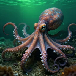 hyperrealistic close-up surrealism underwater octopus chimera monster!!! highly detailed concept art eric zener elson peter cinematic hard green lighting high angle hd 8k sharp shallow depth of field, inspired by David Paul Cronenberg and Zdzisław Beksiński