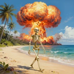 Beautiful painting of relaxed skeleton walking on the tropical beach with nuclear bomb explosion in the background, high quality, trending on Artstation, realistic, by Greg Rutkowski, highly detailed big mushroom cloud, warm and vibrant color scheme, coherent, photorealism