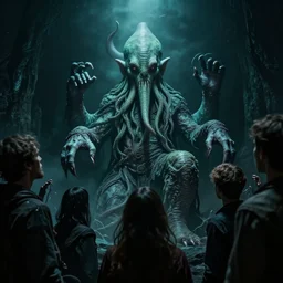 photo of people gathering around cthulhu, horror atmosphere, fear, mystery, dramatic, 8 k uhd