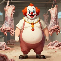 obese clown butcher at a slaughterhouse, by anne stokes, artstation, detailed illustration