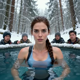 portrait of lara croft, cooling off in a winter forest, close - up, realistic digital art, 4 k, high quality, greg rutkowski, zabroki, karlkka, jason devadas, phuoc quan, trending on artstation, 8 k, ultra - wide angle, zenith view, pincushion effect