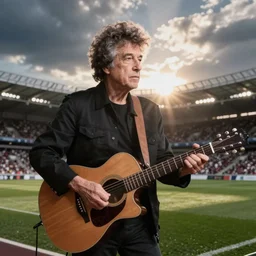 bob dylan playing his guitar in fullham f. c stadium, photograph