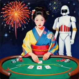 woman in a japanese kimono sitting at an extremely detailed poker table with the startrooper, fireworks and stars on the background, by andy warhol, by roy liechtestein, canvas, acrylic paint, saturated, ultra - hd