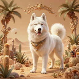 white alaskan husky creature in a desert lush oasis, warm tones : by guillermo del toro, daniel merriam, victo ngai and michal karcz : ornate, dynamic, particulate, intricate, elegant, highly detailed, centered, artstation, smooth, sharp focus, octane render