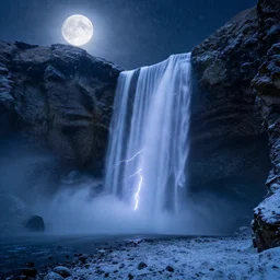 photorealistic full shot of waterfall at moonlight, apocalyptic background, snowing, lightning bolt, blue color palette, high detail, unreal engine 4k volumetric light, fog,