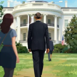 a shoot of barack obama at the white house walking away from a woman in anime movie