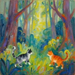 cats playing in a fantastic forest, colorful abstract painting by alfred pellan