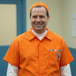 pastor kent hovind in orange prison uniform, smiling, still from orange is the new black
