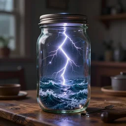 a stormy ocean and lightning inside a glass jar!! standing on a wooden table in a cabin, metal lid on the jar, highly detailed, volumentric lighting, hyperrealistic, sharp focus, octane render 8 k, bokeh, specular highlights, subsurface scattering, artstation, cgsociety, painting by greg rutkowski, artgerm, wlop