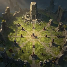 RPG battlemap of a field surrounding the ruins of a fallen stone titan, Greg Rutkowski, dramatic lighting, overhead, beautiful lighting