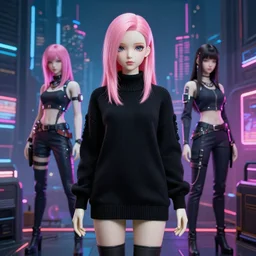 Cyperpunk 2077 woman, pink hair, dressed in a black swetter, in a city of the future by Andrei Riabovitchev, sakimi chan, Jiyeon Ryu and Peter Mohrbacher , beautifully detailed symmetrical mannequin body, large eyes, full body shot, cyberpunk neon