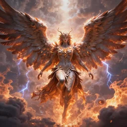 a giant angel with many wings and eyes, fiery clouds, thunder, unreal engine, very detailed