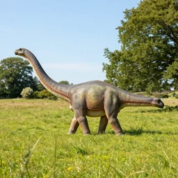 a diplodocus lazily walking through a meadow in the english countryside enjoying the summer sun