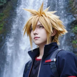 kingdom hearts sora cosplay near waterfall low angle detailed face 85mm