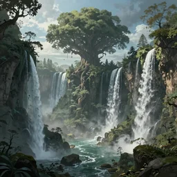 Fantasy overgrown world , planet, waterfalls, ancient tree, Greg Rutkowski, Mike mignola, Kim Jung Gi, trending on Artstation, 8K, ultra wide angle, pincushion lens effect.