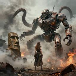 particulate smoky cloud ancient ruin statue female wanderlust time giant tentacle machine robot android techno gasoline fire monster battle rust and decay skulls like easter island for robots