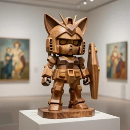 3 d octane render art ultra 8 k photorealistic art hyper detailed unreal engine, a wooden sculpture art on a pedestal a very cute mystical gundam of the bohemian with cat's ears, concept art, trending on cgsociety art, artwork masterpiece, in a contemporary art gallery in neo paris by alphonse mucha