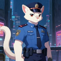 character portrait of a male anthro albino mountain lion fursona with a tail and a cute beautiful attractive furry face wearing a police uniform in a cyberpunk city at night while it rains. hidari, color page, tankoban, 4K, tone mapping, Akihiko Yoshida.