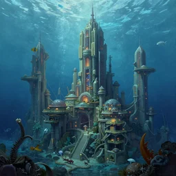 a painting of an underwater city surrounded by water, a detailed matte painting by Stephan Martiniere, cgsociety, fantasy art, matte painting, reimagined by industrial light and magic, fantasy