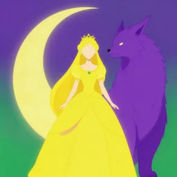portrait of princess of the dreamlands and moon beast, by brian froud, vibrant colors, yellow purple green, minimalist