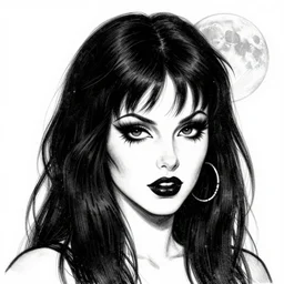 goth girl with a detailed face and black hair below a full moon, burlesque psychobilly, rockabilly, punk, white background, drawing, illustration by frank frazetta