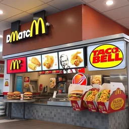 photo of a fast food restaurant selling mcdonald's burgers and kfc chicken and taco bell tacos mixed together.