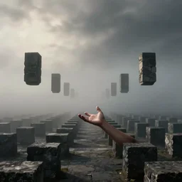arm reaching out of thick fog, symetrical rows of stone blocks in far distance, floating in mid - air, zdzislaw beksinski